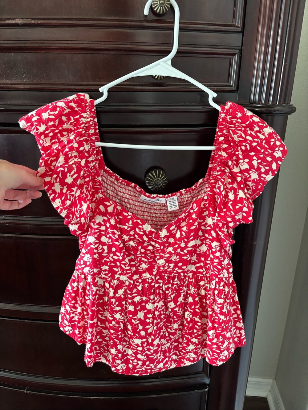 Red Floral Square-Neck Ruffle Sleeve Blouse